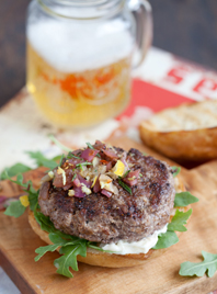 Juicy Grilled American Lamb Burger with Caramelized Onion, Fennel and Lemon Relish