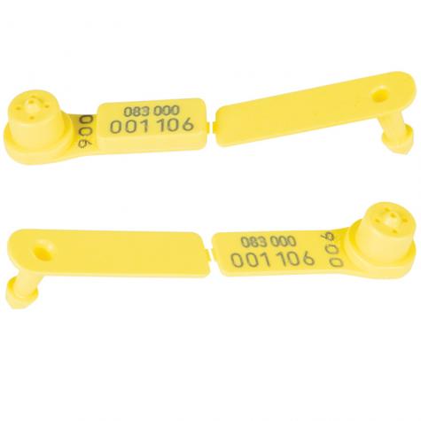 (Top) RFID 2-piece ear tag <br>(Bottom) Visual 2-piece ear tag