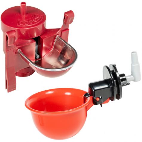 Tube Float Waterer (top left) and Tube Bowl Drinker (bottom right) provide poultry or rabbit pens with constant access to fresh water.