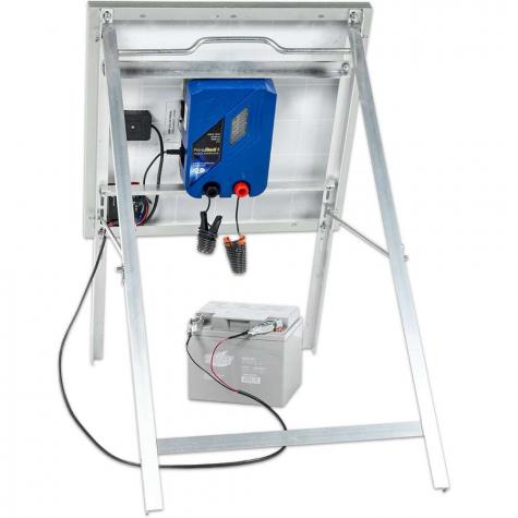 4 joule DIY solar energizer kit with 50 watt panel (ground rods not pictured, and requires a 44 Ah or larger 12V battery, sold separately)