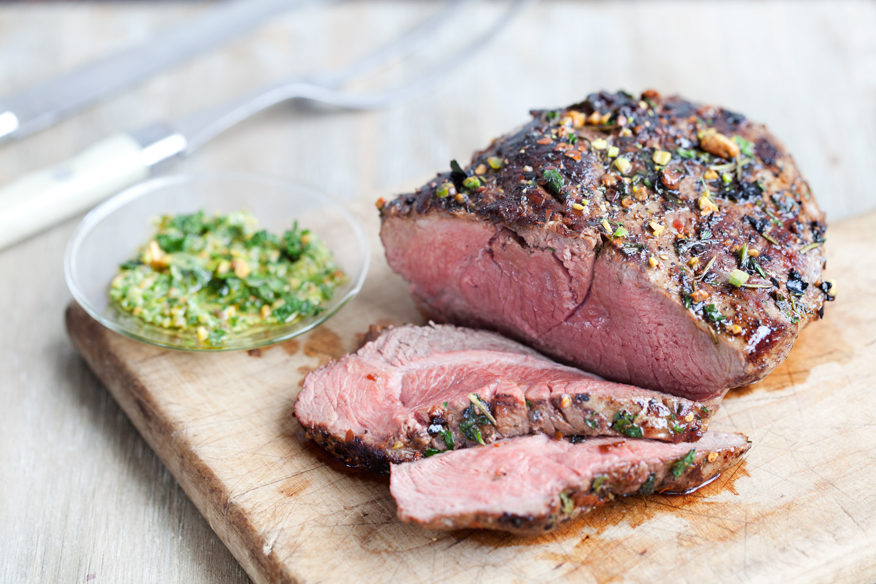 Grilled Butterflied American Lamb Leg with Mint Pistachio Pesto  