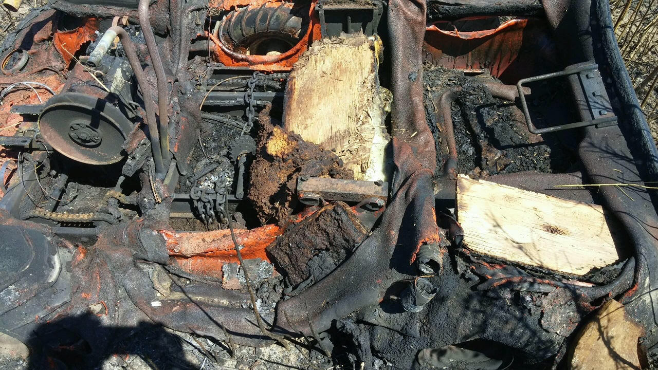 A 6 wheel UTV that was destroyed by the fire. 